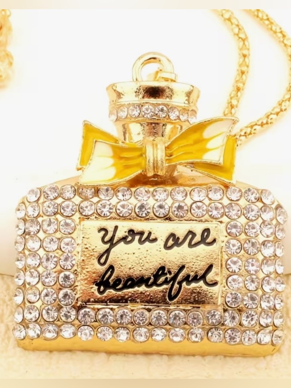 💛 Betsey Johnson Gold Rhinestone 'You Are Beautiful' Perfume Bottle Necklace 💛 - Picture 2 of 4